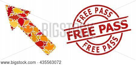 Left Up Arrow Collage Icon Combined For Fall Season, And Free Pass Scratched Stamp. Vector Left Up A