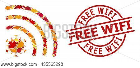 Virus Wi-fi Signal Mosaic Icon Constructed For Fall Season, And Free Wifi Scratched Stamp Seal. Vect