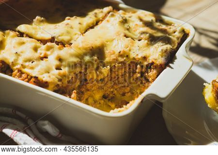 Shepherds Pie In White Baking Dish On The Table