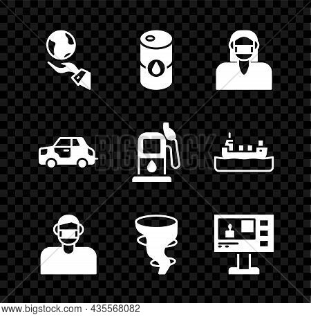 Set Hands Holding Earth Globe, Barrel Oil, Face Protective Mask, Tornado, Television Report, Car And