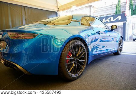 Barcelona, Spain -10.07.2021- Automobile Exhibition Barcelona 2021. Alpine A 110s In Alpine Brand Ex