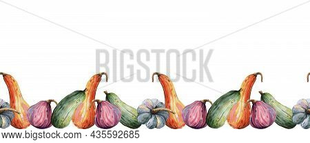 Pumpkin Seamless Border. Watercolor Illustration On White Background. Bright Thanksgiving Harvest De