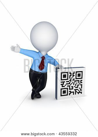 3D küçük kişi ve QR kodu sembolü.