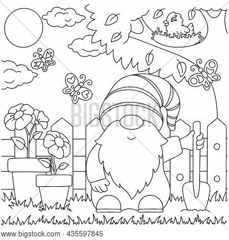 Gnome In The Garden. Coloring Book Page For Kids. Cartoon Style Character. Vector Illustration Isola