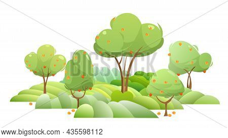 Garden And Rolling Hills. Rural Landscape With Fruit Trees And Farmer Hills. Ripe Apricot. Cute Funn