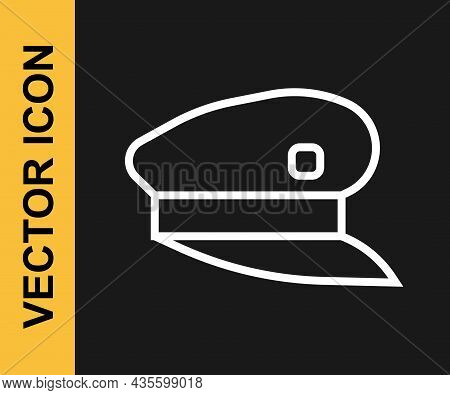 White Line Train Driver Hat Icon Isolated On Black Background. Vector