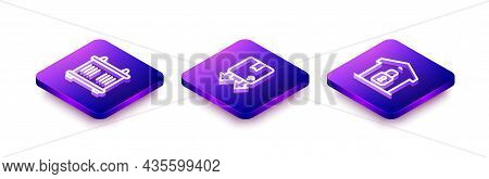 Set Isometric Line Container, Cardboard Box With Traffic Symbol And Closed Warehouse Icon. Vector