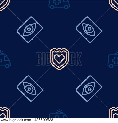 Set Line Ambulance Car, Red Eye Effect And Immune System On Seamless Pattern. Vector