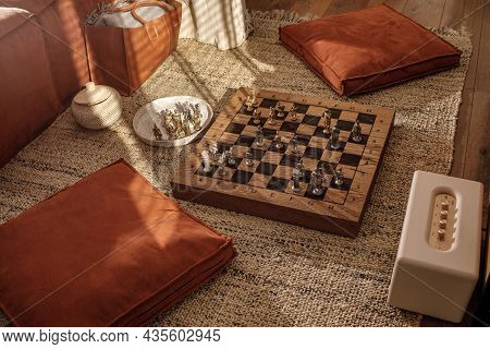 Ancient Metal Roman Chess Set With Silver And Gold Plated Pieces On Solid Oak Wood Board. Concept Im