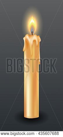 Burning Candle With Dripping Or Flowing Wax. Yellow Candle With Golden Flame. Lit And Melted Wax. Il