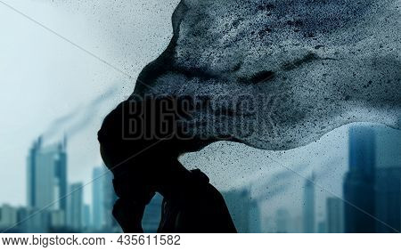 Weather, Pollution And Ecology Issue Concept. Silhouette Of Woman With Protection Mask Coughing In C