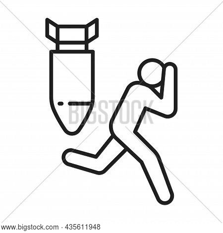 Man Running From Bombardment Monochrome Line Icon Vector Illustration Aerial Bomb Attack