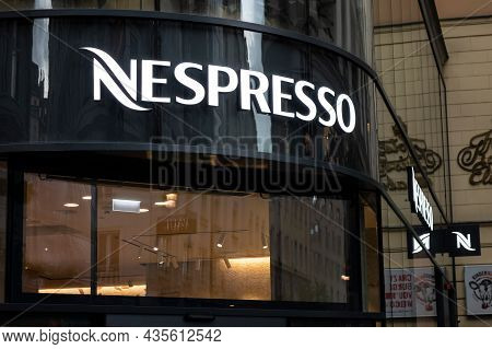 Vienna, Austria - July 28, 2021: The Nespresso Caffeteria With A Logo Of A Company Where People May 