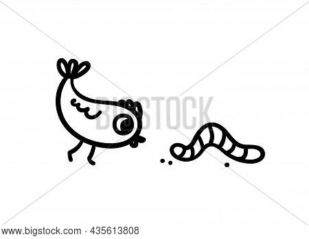 A Cute Chick Watches The Crawling Worm. Doodle Illustration Of A Bird Playing With A Worm Or Wants T