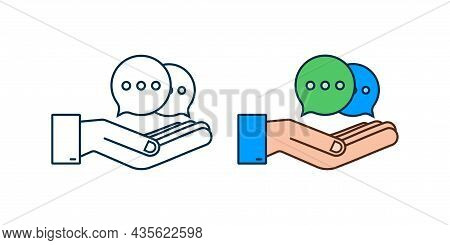 Chat Message Bubbles Icon Hanging Over Hands On White Background. Vector Stock Illustration.
