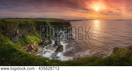 Wide Panorama With Beautiful White, Limestone Cliffs At Dramatic Sunset, Seen From Magheracross View