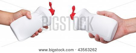 Hand with a detergent plastic bottle isolated on white background