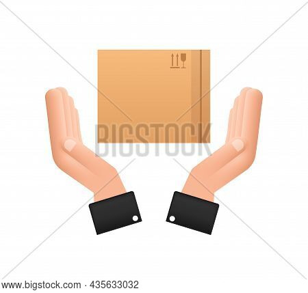 Carton Parcel Box In Hands. Shipping Delivery Symbol. Gift Box Icon. Vector Stock Illustration.