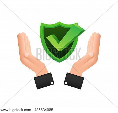 Check Mark Hanging Over Hands. Green Approved Star Sticker On White Background. Vector Stock Illustr