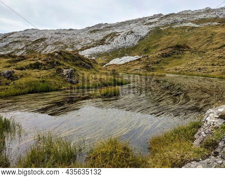 Small Mountain Lake In The Swiss Mountains. Wanderlust. Lush Alpine Meadows.