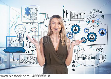 Surprised Attractive Young Woman In Hacky Dress With Hands Up Smiling And Pondering About Start Up A