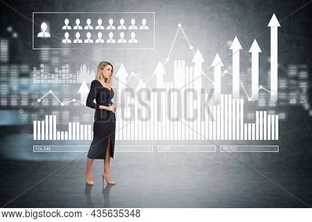 Attractive Businesswoman In Formal Dress Standing In Empty Room, White Bar Chart With Arrows And Peo