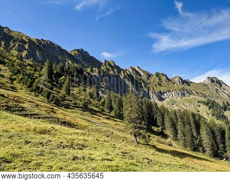 Beautiful Landscape In Switzerland. Hike To The Silberen Mountain. Large Forests In The Canton Of Gl