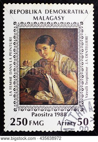 Malagasy Republic - Circa 1988: Postage Stamp 'lacemaker, By Vasily Tropinin' Printed In Malagasy Re