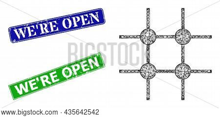 Triangular Incomplete Grid Structure Model, And We Re Open Blue And Green Rectangle Rubber Stamp Sea