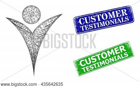 Polygonal Futuristic Man Image, And Customer Testimonials Blue And Green Rectangular Grunge Stamp Se