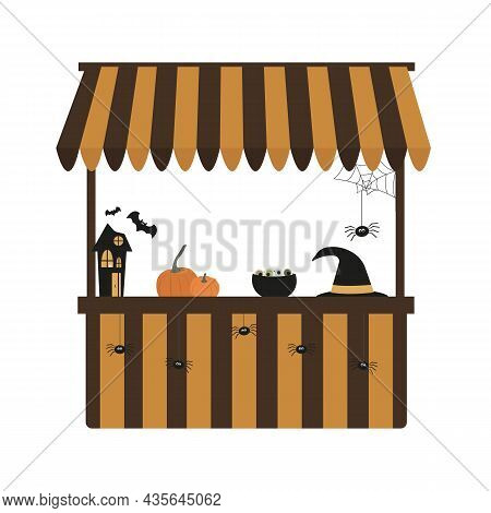 Halloween Stall Counter With Pumpkins, Bats, Spiders, Eyes And Witch Hat