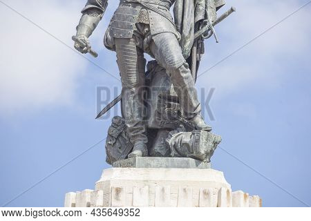 Medellin, Spain - April 3rd, 2021: Hernan Cortes Monument. Aztec Idols Under His Feet. Medellin, Ext