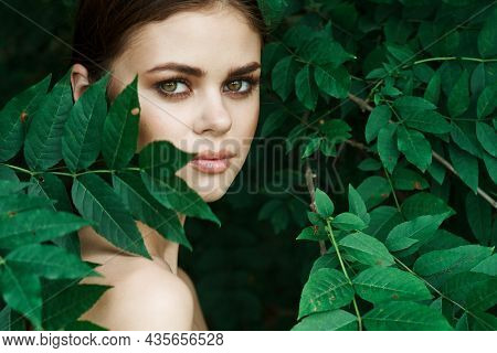 Portrait Of A Woman Cosmetology Nature Green Leaves Glamor Model