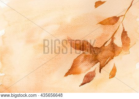 Autumn floral watercolor background in pastel orange with leaf illustration