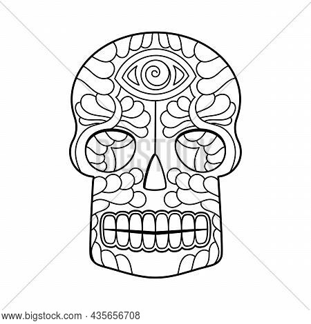 Coloring Book Page. Skull Vector Illustration. Mexican Day Of The Dead Skull. Hand Drawn Black And W