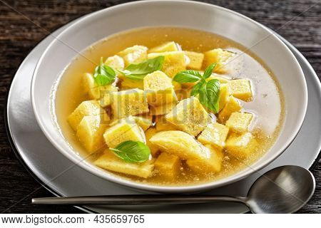 Zuppa Royale Alla Bolognese Con Brodo, Italian Soup Of Chicken Broth With Parmesan Egg Dumplings Spr