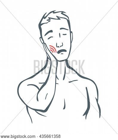 Body part pain. Man feels toothache marked with red lines. foci of pain or trauma symbols, grey art line illustration