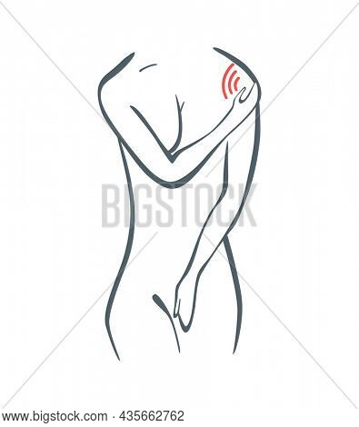 Body part pain. Woman feels pain in shoulder marked with red lines. foci of pain or trauma symbols, grey art line illustration