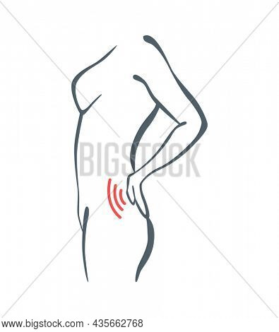 Body part pain. Woman feels pain in back marked with red lines. foci of pain or trauma symbols, grey art line illustration