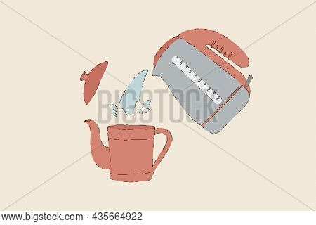 Vector Illustration Of Tea Time. A Picture Of The Process Of Brewing Tea. Brewing Tea In A Teapot. H
