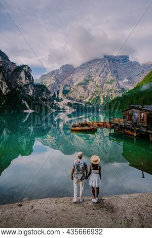 Prager Wildsee, A Spectacular Romantic Place With Typical Wooden Boats On The Alpine Lake, Lago Di B