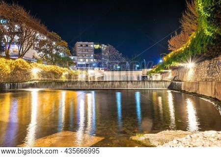 Trikala, Greece 27 December 2019. Trikala Town Waterfall During Christmas Holidays. Christmas Decora