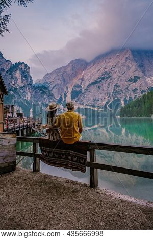 Prager Wildsee, A Spectacular Romantic Place With Typical Wooden Boats On The Alpine Lake, Lago Di B