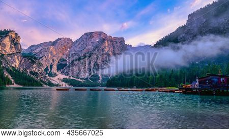 Prager Wildsee, A Spectacular Romantic Place With Typical Wooden Boats On The Alpine Lake, Lago Di B