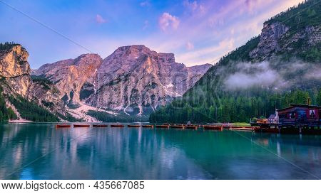 Prager Wildsee, A Spectacular Romantic Place With Typical Wooden Boats On The Alpine Lake, Lago Di B