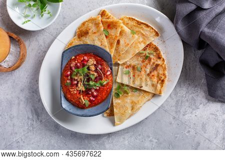 Muhammara, Roasted Bell Pepper Spread, Served With Roti