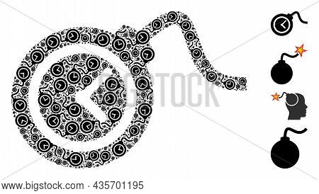 Vector Time Bomb Collage Is Constructed Of Scattered Fractal Time Bomb Elements. Fractal Mosaic Of T