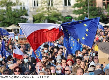 Cracow; Poland - Oct 10; 2021: We Stay; The Government Leaves! People Protest Against The Verdict Of