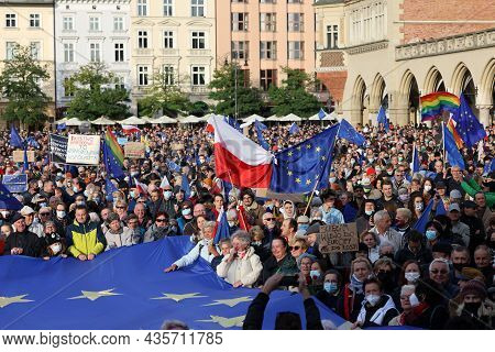 Cracow; Poland - Oct 10; 2021: We Stay; The Government Leaves! People Protest Against The Verdict Of