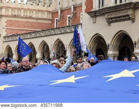 Cracow; Poland - Oct 10; 2021: We Stay; The Government Leaves! People Protest Against The Verdict Of